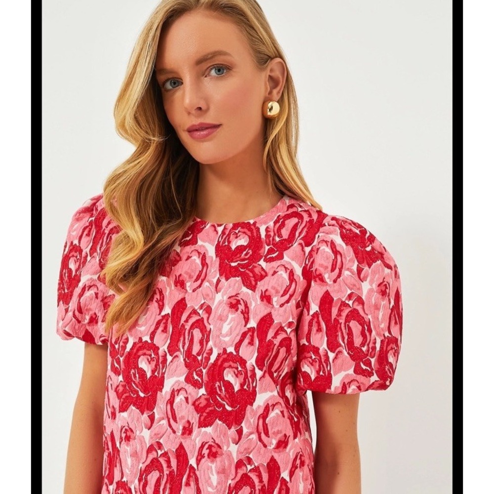 Pomander Place Red and Pink Floral Puff-Sleeve Blouse